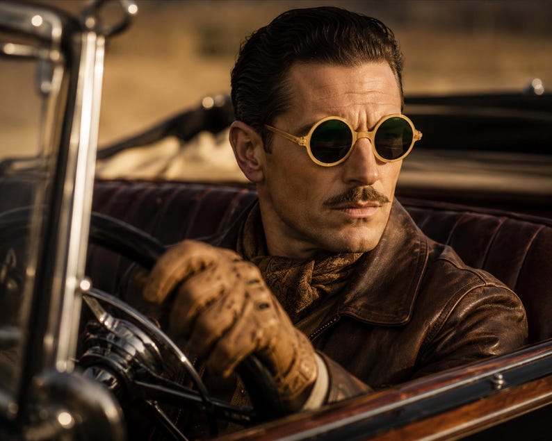 May include: A man wearing round, gold-rimmed sunglasses with dark lenses, driving a vintage car. He wears a brown leather jacket and gloves, with a scarf around his neck. The car's interior is brown.