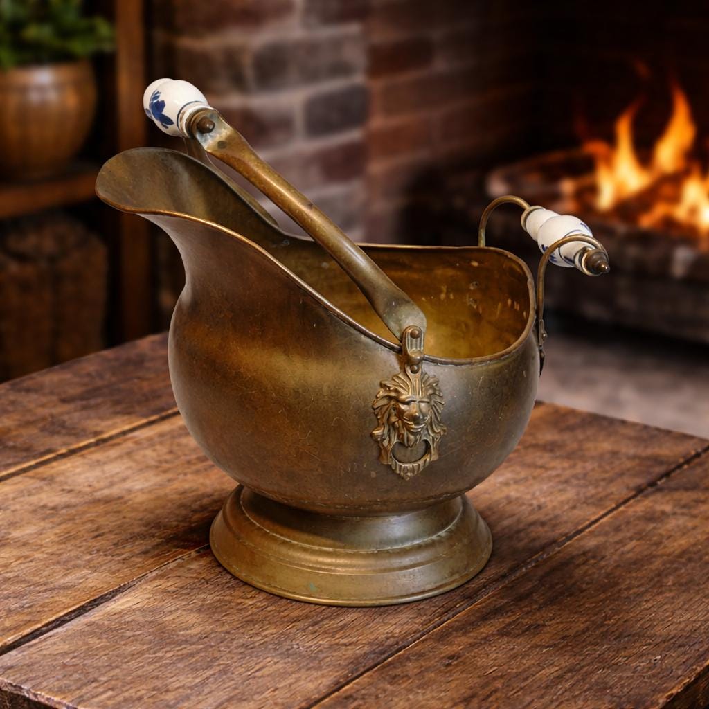Antique Brass Coal Shuttle / Coal Scuttle With Porcelain Handles