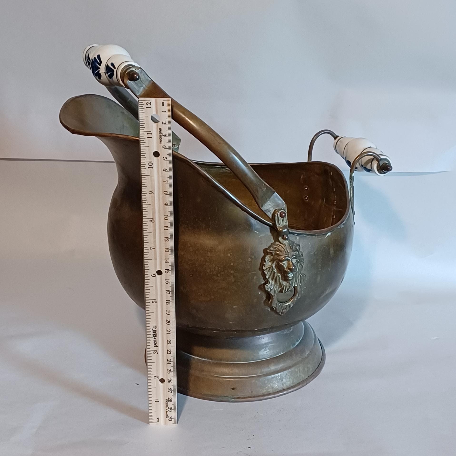 Antique Brass Coal Shuttle / Coal Scuttle With Porcelain Handles