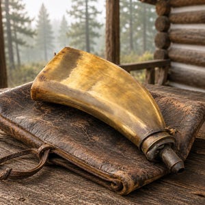 Antique 1840-1870 Flattened Powder Horn with Brass Spout, Genuine 19th Century Compressed Priming Powder Flask, Black Powder Muzzleloader.