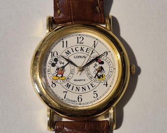 Vintage Mickey & Minnie Mouse Calendar Wrist Watch Disney Character Dial Brown Leather Band Quartz Watch
