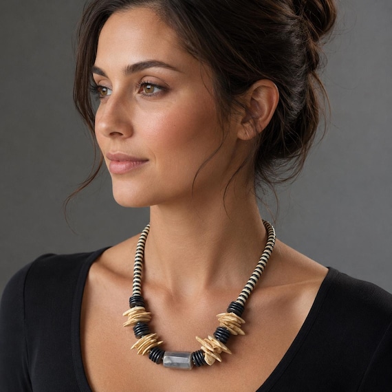 Vintage Wood Necklace with MOP Centerpiece - Nature Inspired