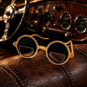 May include: Gold-rimmed sunglasses with circular lenses and a distinctive lower cutout. The glasses are positioned on a brown leather surface, with a classic car interior visible, including a steering wheel and dashboard.