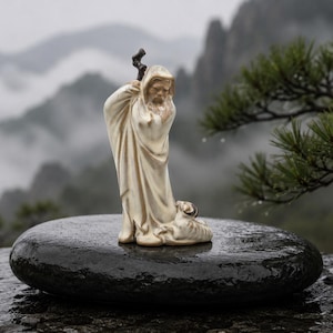 May include: A cream-colored figurine of a bearded figure wearing a hooded robe and holding a dark staff, standing beside a small animal. The sculpture features smooth, flowing drapery and is positioned on a dark, wet, rounded stone surface.