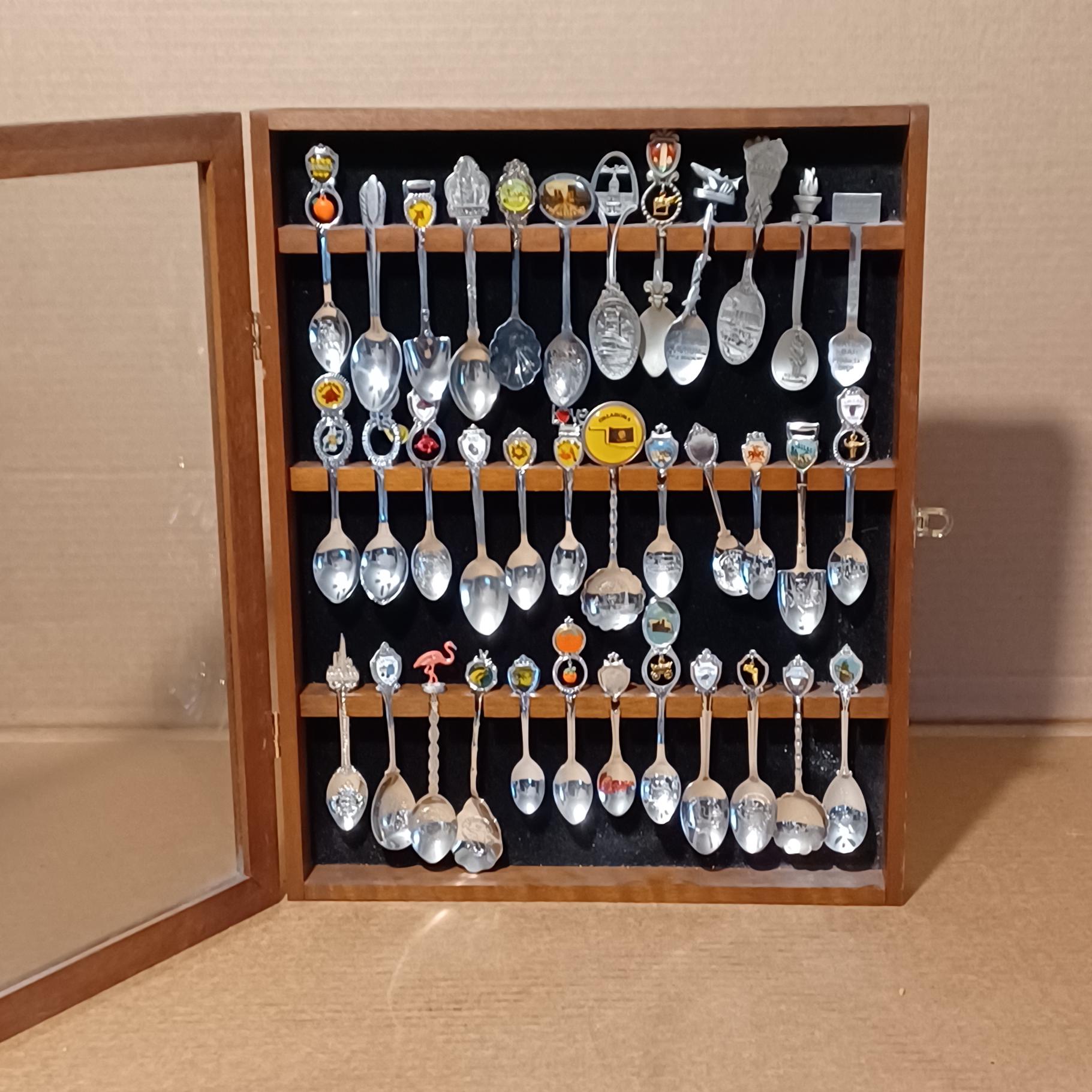 Vintage Souvenir Spoon Collection in Glass Display Case – Wooden Wall ...