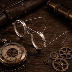 May include: An antique pocket watch with Roman numerals and a silver-rimmed monocle rest on a dark wooden surface. Small brass gears and a leather-bound case complete the vintage aesthetic. A brass telescope is visible in the background.