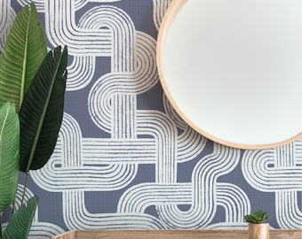 Japandi Line Art Wallpaper | Moody Muted Blue Abstract Grid (Peel & Stick or Prepasted)