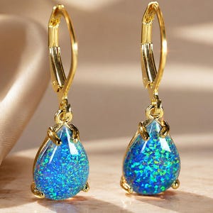 Blue Opal Dangle Earrings - Classic Gold Water Drop, Boho Jewelry for Women