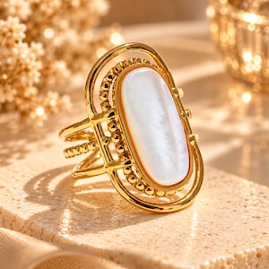Gold Shell Ring Adjustable - 18K Gold Plated Geometric Stainless Steel, Statement Jewelry