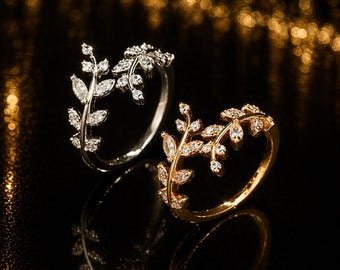 Pierścionek z gałązką oliwną – srebro próby 925, regulowany pierścionek z cyrkonią, romantyczny prezent biżuteryjny