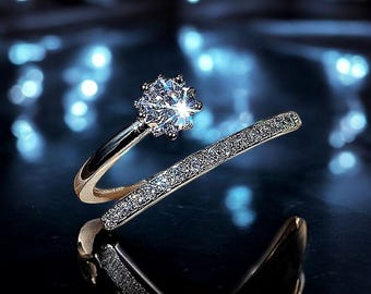 Cubic Zirconia Ring - Silver Open Ring, Adjustable Wedding Jewelry