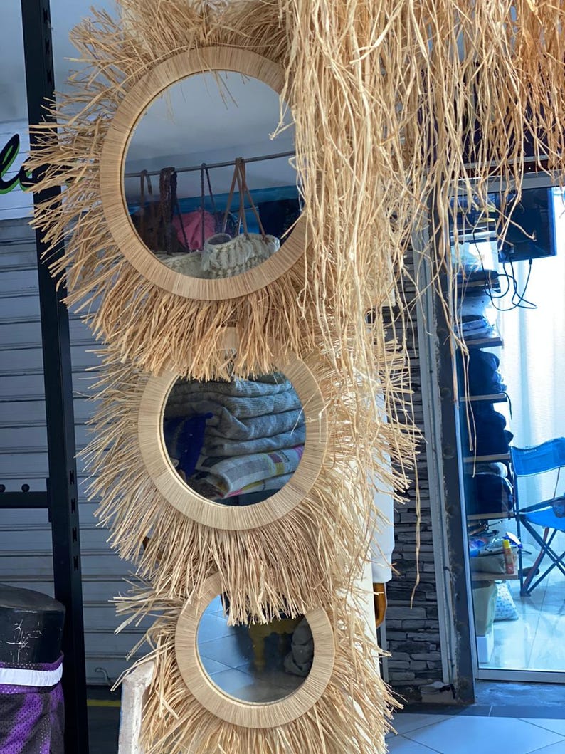 Boho Rattan Wall Mirror Set – Natural Raffia Sunburst Mirror – Handmade ...