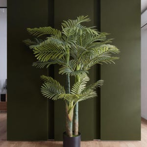 May include: A tall artificial palm tree in a black pot. The tree has multiple trunks and lush green fronds. It stands in front of a dark green wall with vertical panels, creating a modern, minimalist aesthetic.