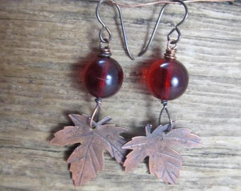 Hammered copper leaf earrings with copal beads