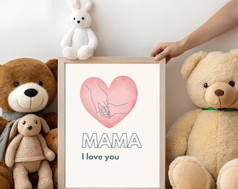 Mama ik hou van jou lijn kunst print, minimalistische moeder baby hart poster (digitale download)