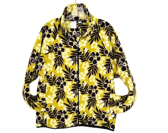 Hibiscus print fleece jacket for women or men.  Unisex sizes Small or Medium,  Inside zip pocket.  Premium, plushy fleece from Polartec LLC.