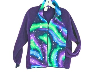 Handmade Northern Lights Fleece Jacket: Unisex Aurora Borealis Winter Coat