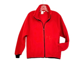 Red fleece jacket for men or women in unisex sizes from XS to XXL, inside zip pocket. Handmade clothing made from  fleece from Polartec LLC.