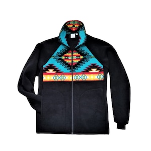 May include: Black fleece jacket with a zipper closure and a colorful geometric pattern on the front. The pattern features turquoise, red, yellow, and black colors.