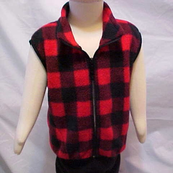 Red plaid child toddler baby fleece vest.   Sizes from 6 months to size 6, great for playtime, stroller rides and car seats