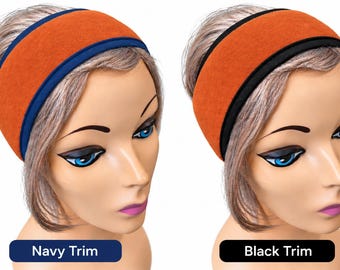 Orange fleece headband, ear warmer, black or navy trim,  Girls night out,  Halloween Cheetah party costume.