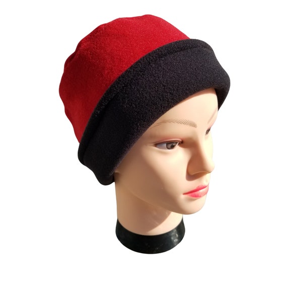 Red and Black Fleece Hat for Men or Women, Double Layer, Warm
