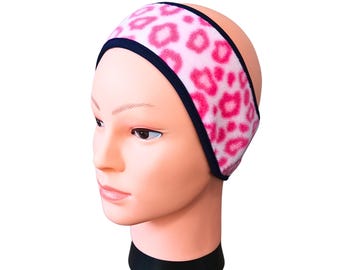 Pink CHEETAH leopard adult fleece headband ear warmer made from thick fleece from Polartec LLC.  Girls night out.  Halloween party costume..
