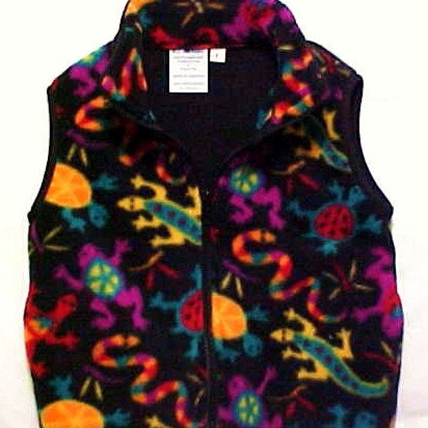 Child reptile fleece Vest , FRUIT LOOPS print. Thick and warm fleece from Polartec LLC.  Sizes from  6 months to Size 6