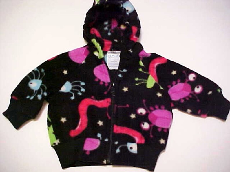 Fleece hoodie jacket for infant baby toddler child in Monster Bugs print, handmade, Sizes 6 months to Size 6, Choose your size image 1
