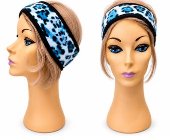 Blue Cheetah Leopard fleece headband with black trim, ear warmer, head wrap, headscarf, girls night out. Halloween party costume.