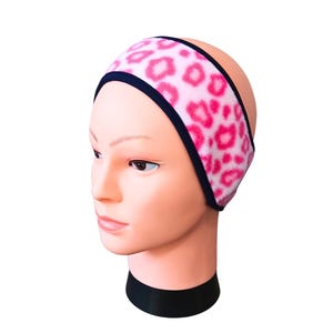 Pink Cheetah leopard adult fleece headband ear warmer made from thick fleece from Polartec LLC.  Girls night out.  Halloween party costume.