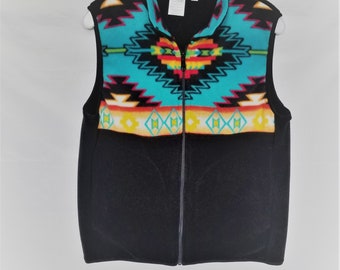 Native American tribal Aztec fleece vest for men or women in a Southwest print with inside zip pocket.. Unisex sizes.. Choose your size