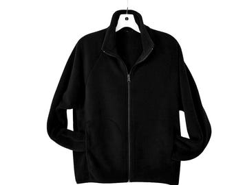 Unisex black fleece jacket for men and women with inside zip pocket. Thick fleece from Polartec LLC,  Choose your size from XS to XXL