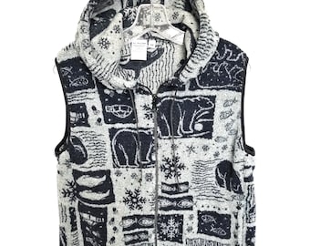 Fleece Hoodie Vest: Marine Life Print, Unisex Large