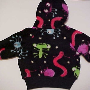 Fleece hoodie jacket for infant baby toddler child in Monster Bugs print, handmade, Sizes 6 months to Size 6, Choose your size image 2