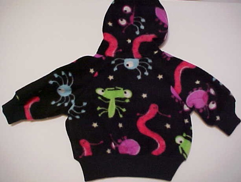 Fleece hoodie jacket for infant baby toddler child in Monster Bugs print, handmade, Sizes 6 months to Size 6, Choose your size image 2