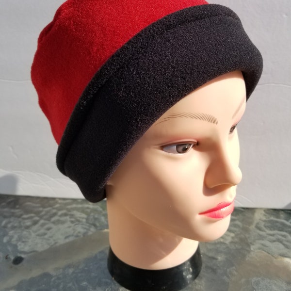 Red and black double layer fleece hat for men or women.  Warm fleece from Polartec LLC.  Fast and free shipping!!
