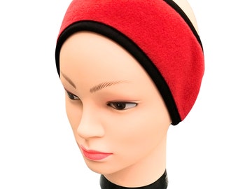 Red fleece adult headband for men or women, Medium or Large.  Plush fleece fabric from Polartec LLC.
