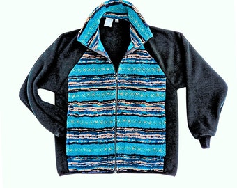 Striped Fleece Jacket: Blue Green Berber Fleece, Black Sleeves