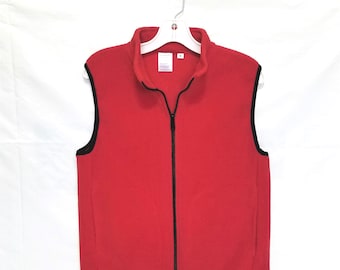 Red fleece vest for men or women handmade from thick plushy fleece from Polartec LLC.  Inside zip pocket. Unisex sizes XS to XXL.