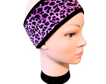 Magenta purple Cheetah leopard headband ear warmer head wrap, headscarf, stretch velvet and fleece. Girls night out. Halloween party costume