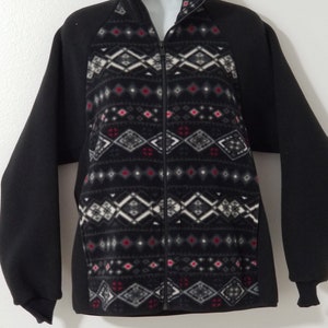 Fleece jacket for men women in black & red print plush fleece from Polartec LLC.  Inside zip pocket, warm winter clothing.  Choose your size