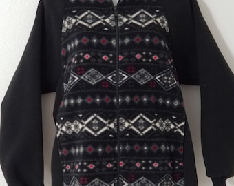 Fleece jacket for men women in black & red print plush fleece from Polartec LLC.  Inside zip pocket, warm winter clothing.  Choose your size