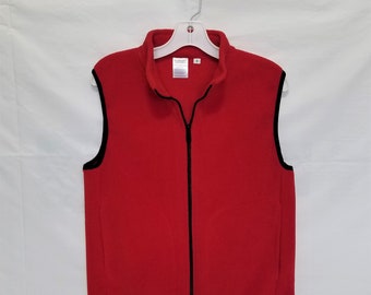 Red fleece vest for men or women handmade from thick plushy fleece from Polartec LLC.  Inside zip pocket. Unisex sizes XS to XXL.