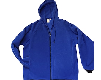 Large indigo blue fleece hoodie jacket for women men.  Plush fleece from Polartec LLC, Unisex size Large, inside zip pocket.. handmade  gift