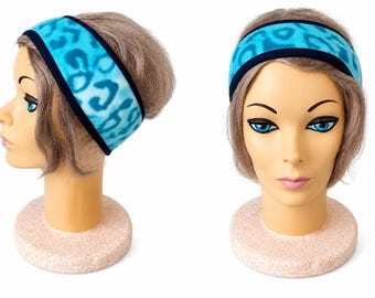 Turquoise Cheetah leopard fleece headband with dark navy trim, ear warmer, head wrap, headscarf, Girls night out, Halloween party costume