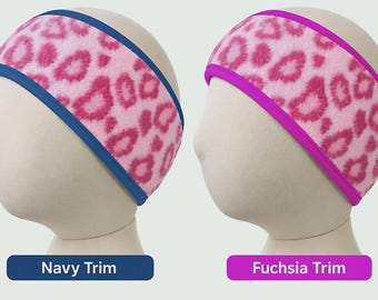 Child Pink Cheetah Fleece Headband, Fuchsia or Navy trim: Girls Winter Ear Warmer (Ages 2-7)