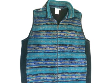 Striped Fleece Vest: Blue Green Berber Fleece, Black Back - Unisex Winter Clothing