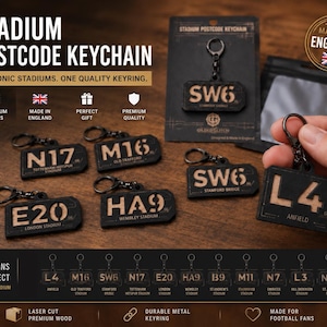 May include: Stadium postcode keychains made of laser-cut wood, featuring iconic stadium designs. The keychains have durable metal keyrings. The image shows several keychains with different postcode designs, including "SW6" and "L4".
