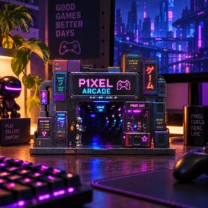 Peut inclure: Un diorama miniature P1XEL ARCADE avec des enseignes au néon, une machine à pinces remplie de prix et une petite figurine de robot. La structure présente des panneaux détaillés avec du texte comme INSERT COIN, HIGH SCORE et GAME ON, éclairés par des LED violettes et bleues.